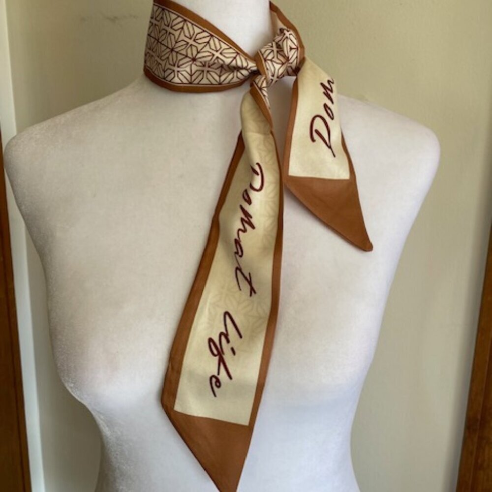 DOMAT LIFE Twilly Skinny Silky Khaki Tan Geo Print Scarf - Picture 2 of 9
